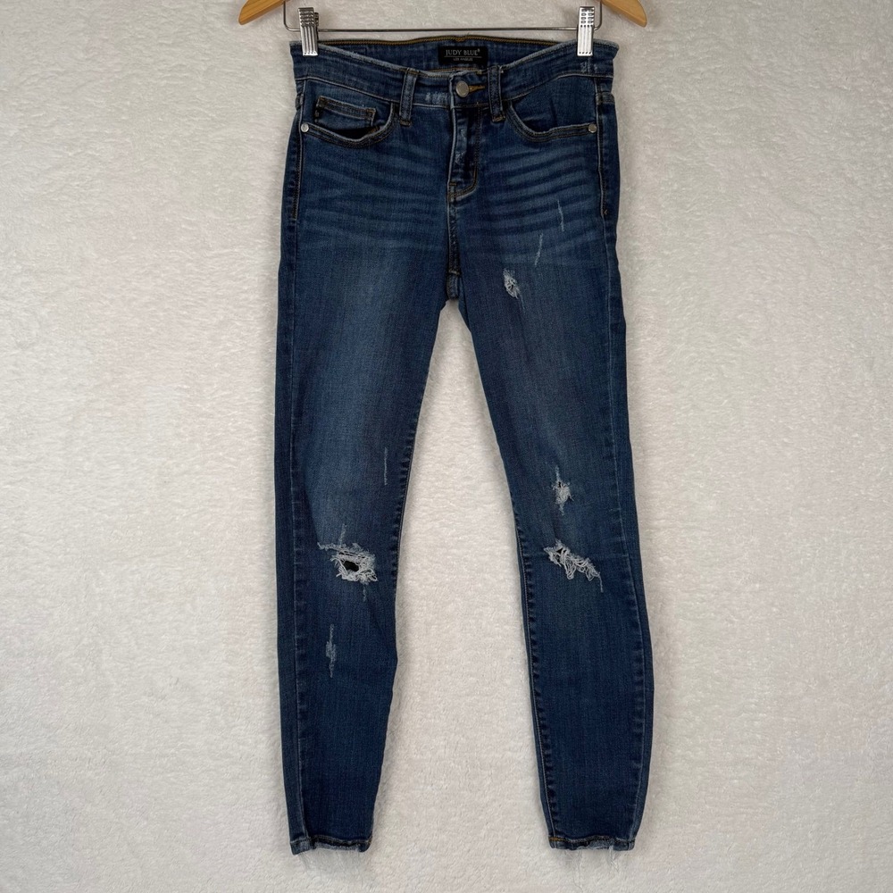 Judy Blue Mid Rise Distressed Skinny Jeans Dark Wash Raw Hem JB82138DK Size 3/26 - Picture 2 of 10